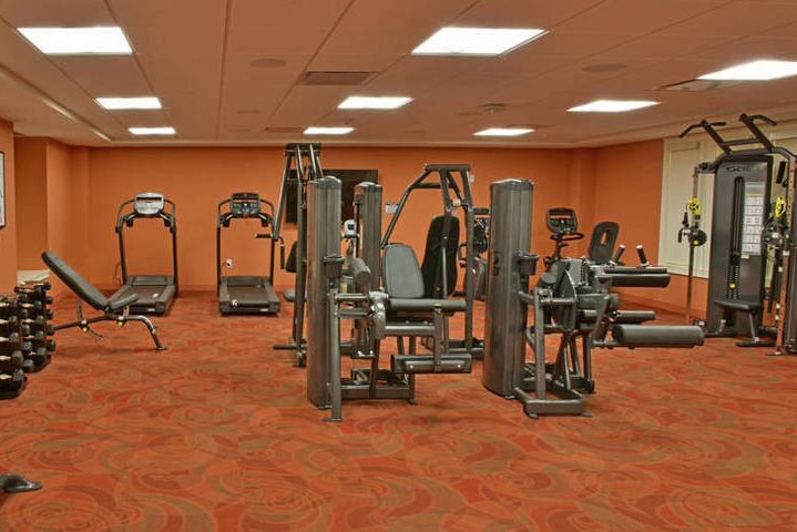Indoor gym with various exercise machines, treadmills, dumbbells, and an orange carpeted floor.